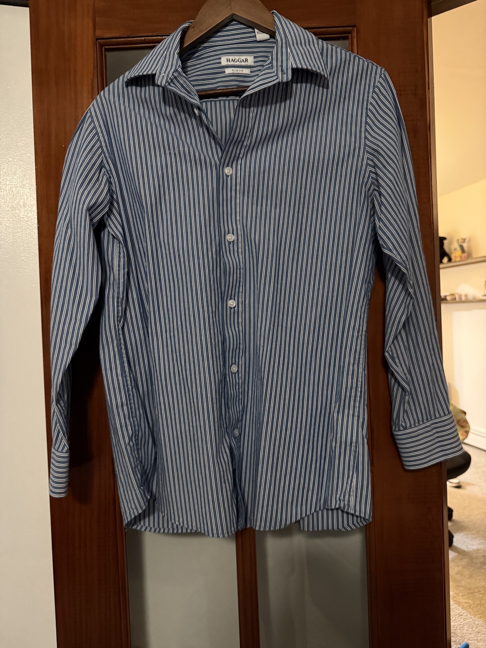 Haggar Men's Blue and White Pinstripe Dress Shirt
